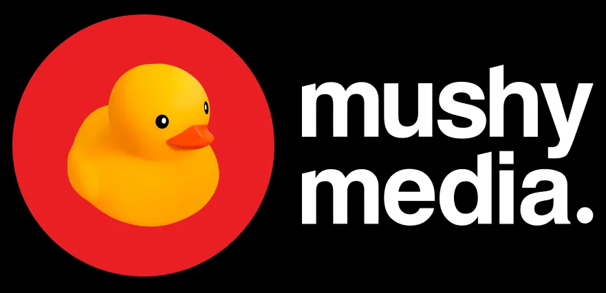 Yellow rubber duck logo with Mushy Media text.